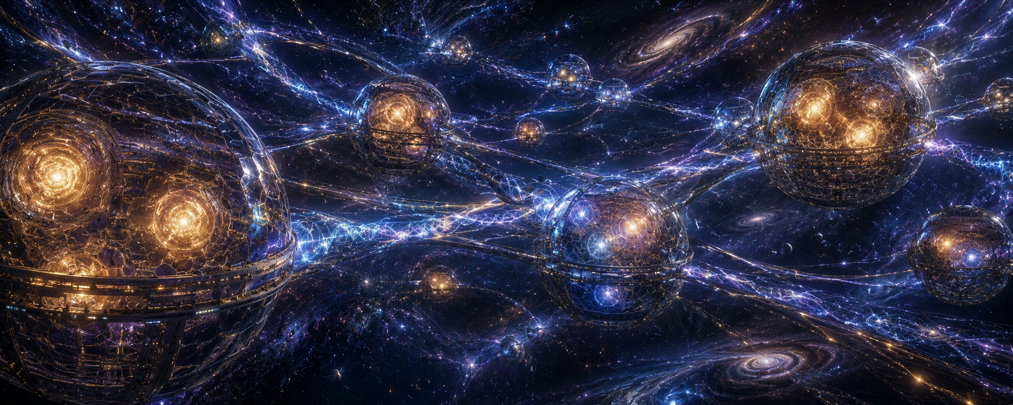 Glowing, interconnected spheres containing galaxies suspended across a star-filled multiverse