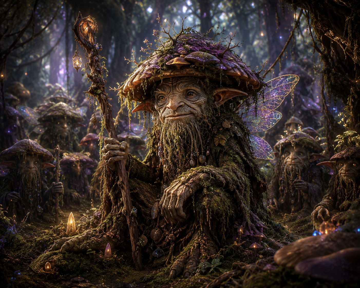 A winged forest elder in a mushroom cap holding a lantern-topped staff, surrounded by smaller mushroom folk
