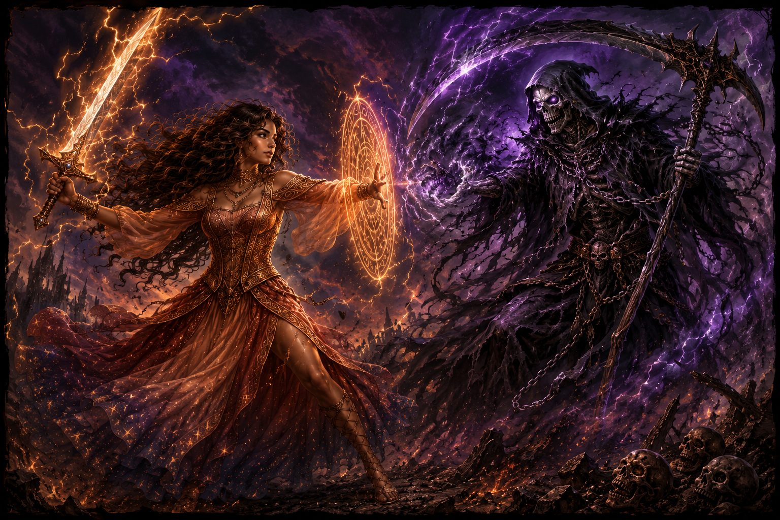 Elara wielding a glowing sword and magical shield as she confronts a skeletal reaper amid purple lightning