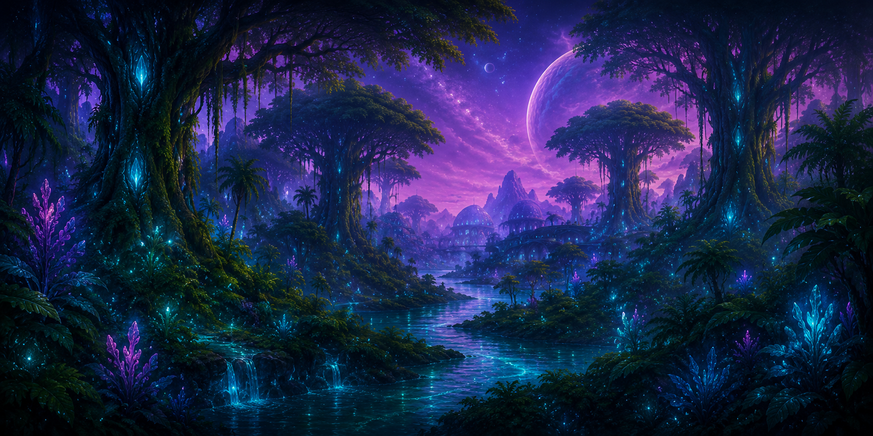 A bioluminescent forest on Sorathia, with glowing plants, a winding river, and a purple planet in the night sky